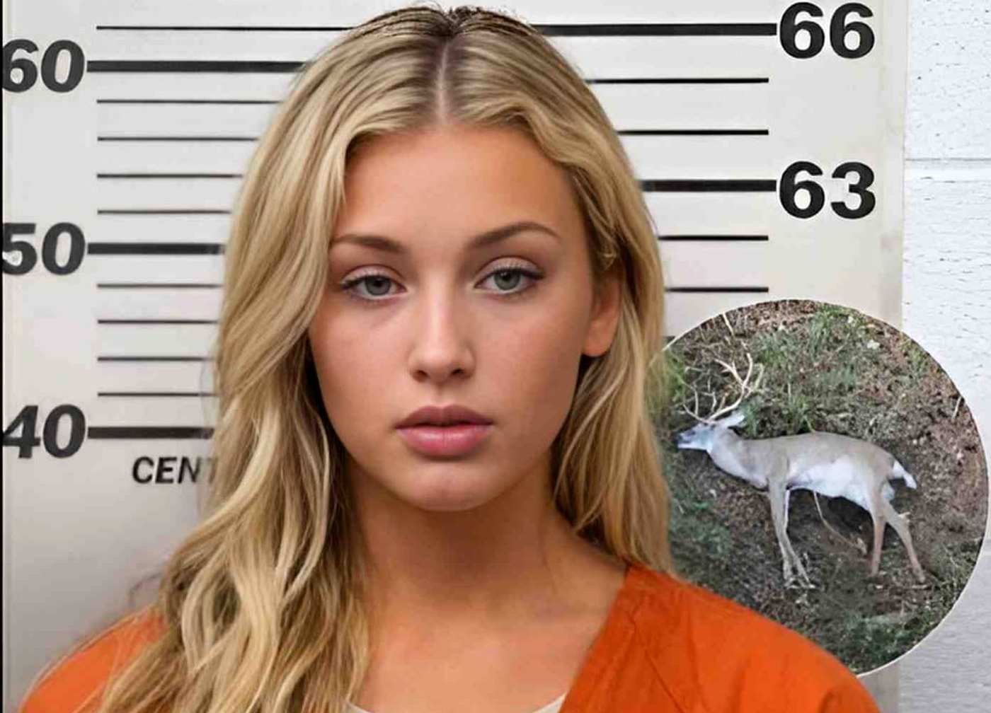 Blonde woman mugshot with dead deer inset