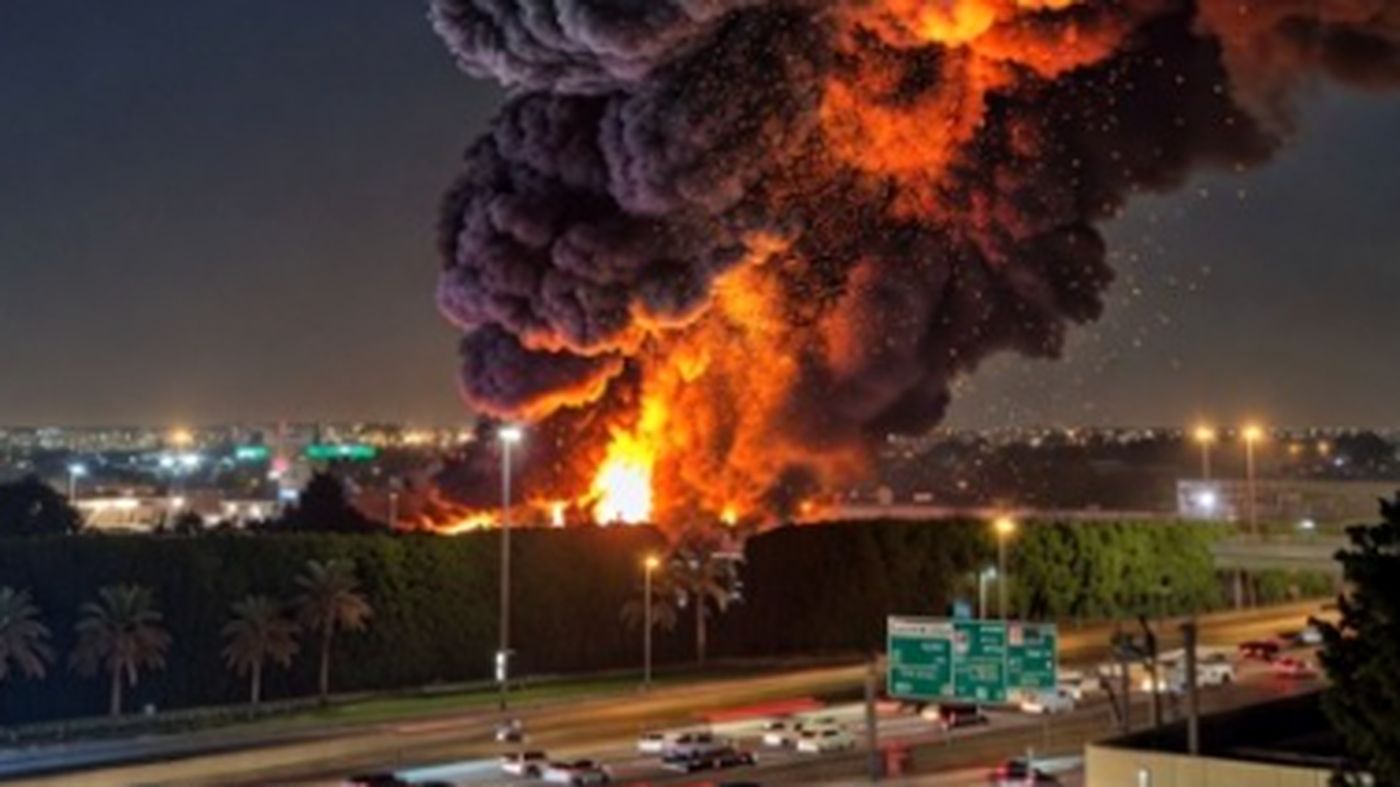 Massive nighttime fire with huge smoke plume
