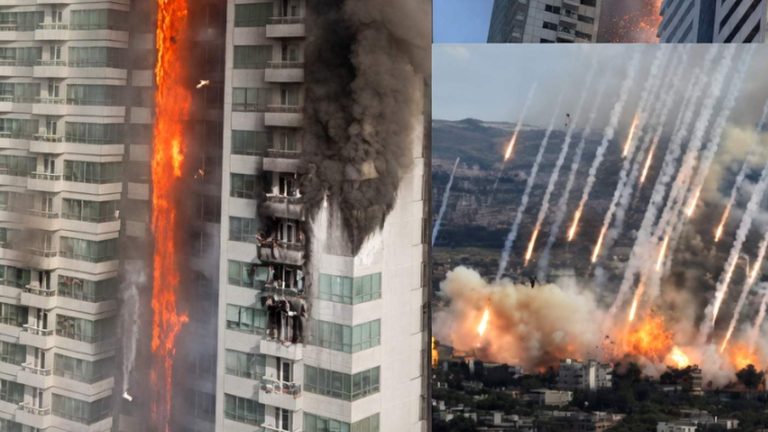 Burning skyscraper and missile strikes collage