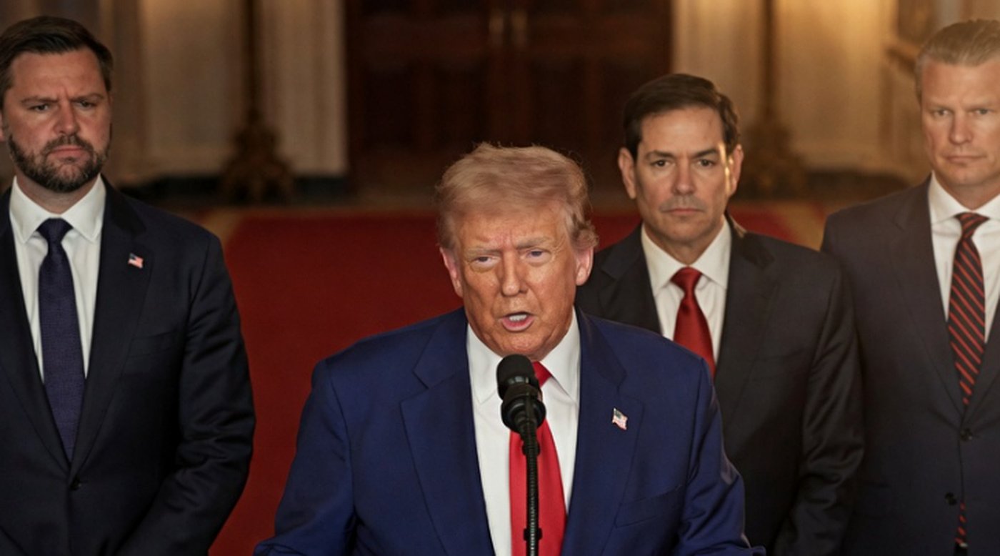 Trump speaks at podium with Breaking News alert