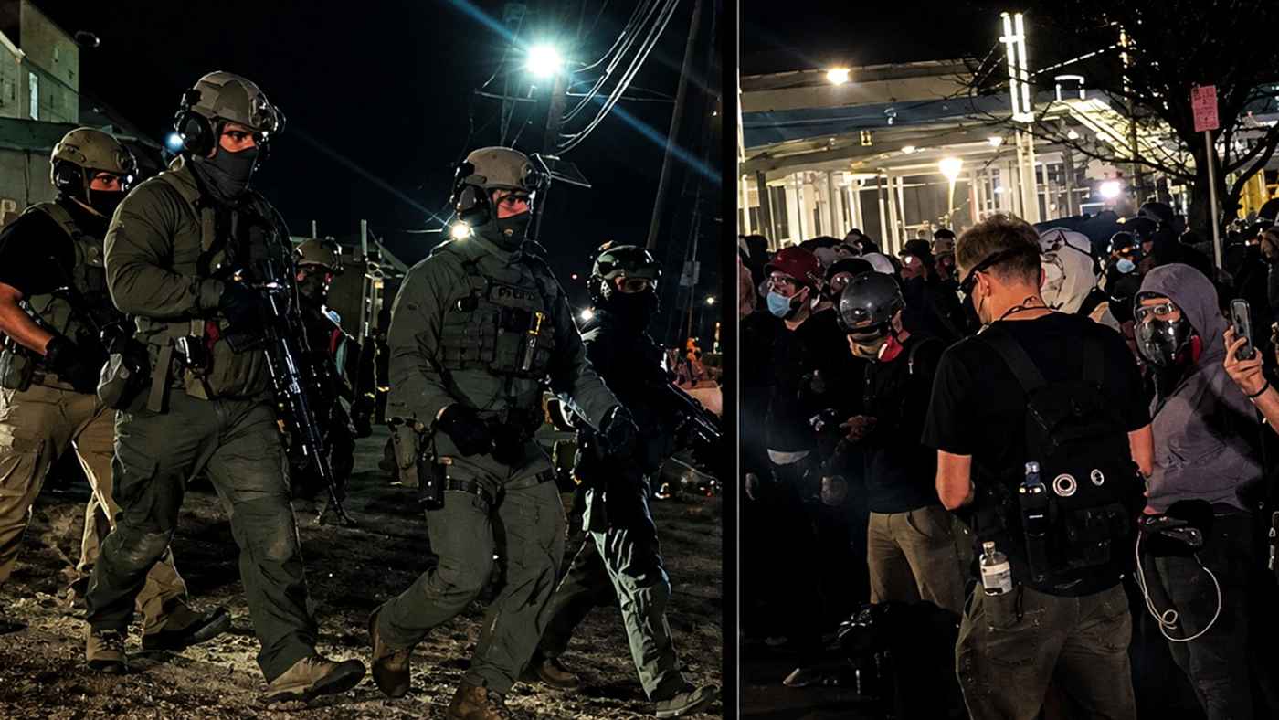 Tactical police officers and protesters at night.