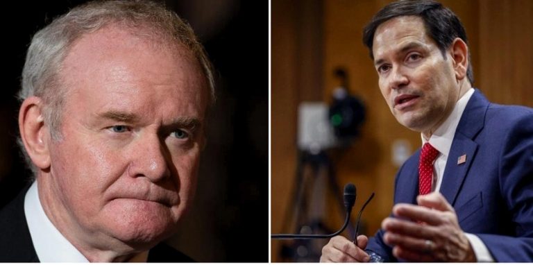 marco Rubio speaks while Martin McGuinness listens intently