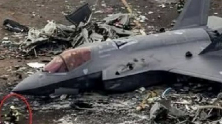 F-35 fighter jet crash wreckage on runway