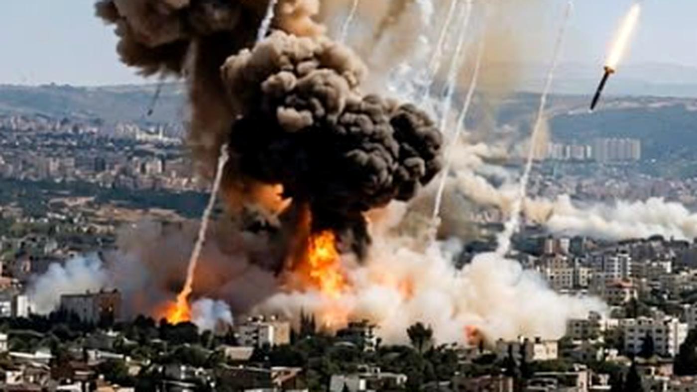 Missile strike explosion over city skyline