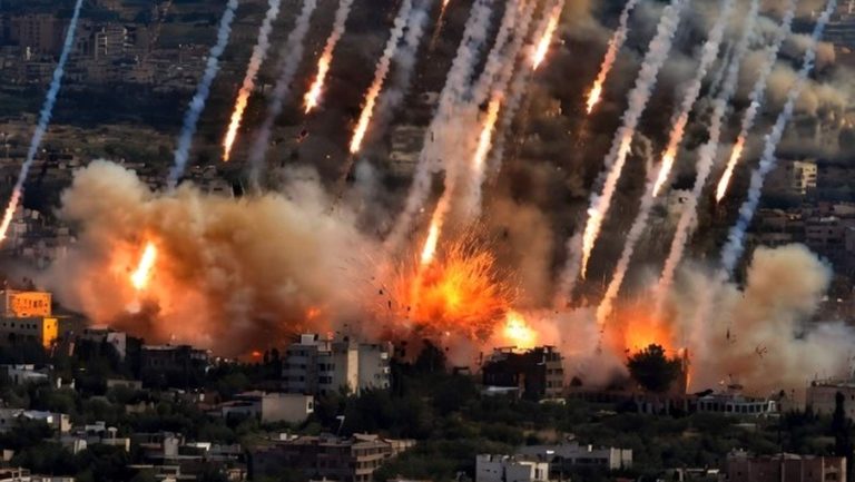 Missile barrage exploding over city