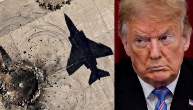 Donald Trump alongside an aerial airstrike view.