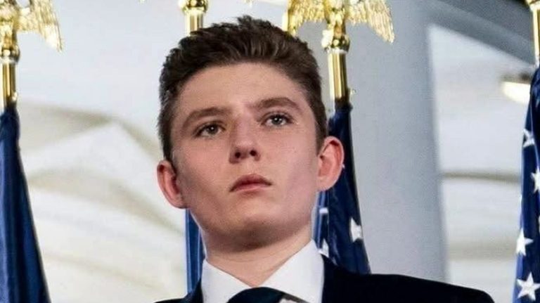 Barron Trump formal portrait with flags