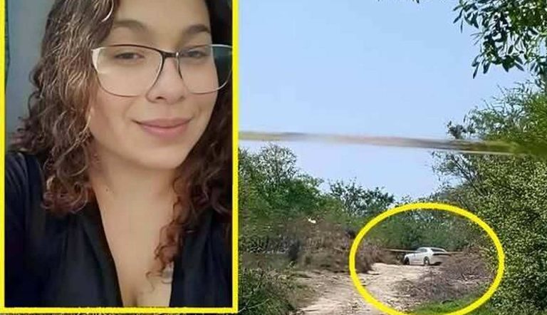 Woman highlighted at crime scene with car in ditch