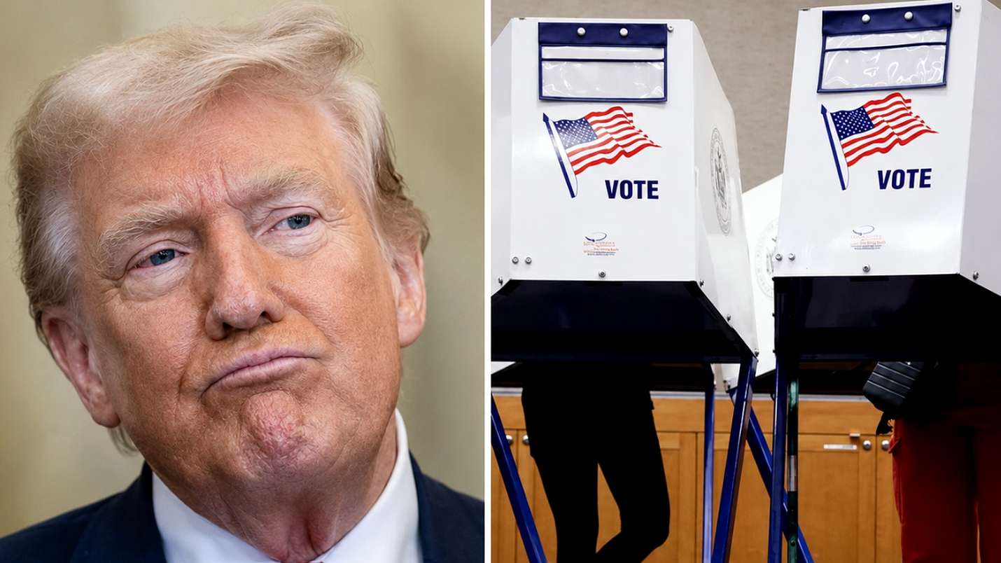 Donald Trump alongside American voting booths.