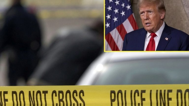 Police tape over crime scene with Donald Trump inset.