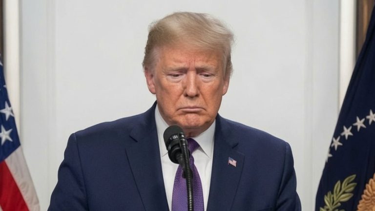 Donald Trump looks down solemnly at a microphone.