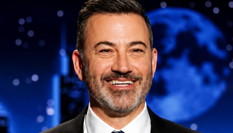 Jimmy Kimmel smiling on his late-night talk show set.