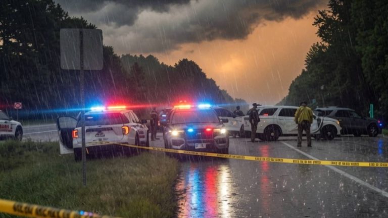 Police blockade on a wet highway under a storm.