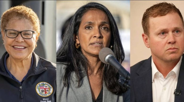 Three Los Angeles political figures split-screen graphic.