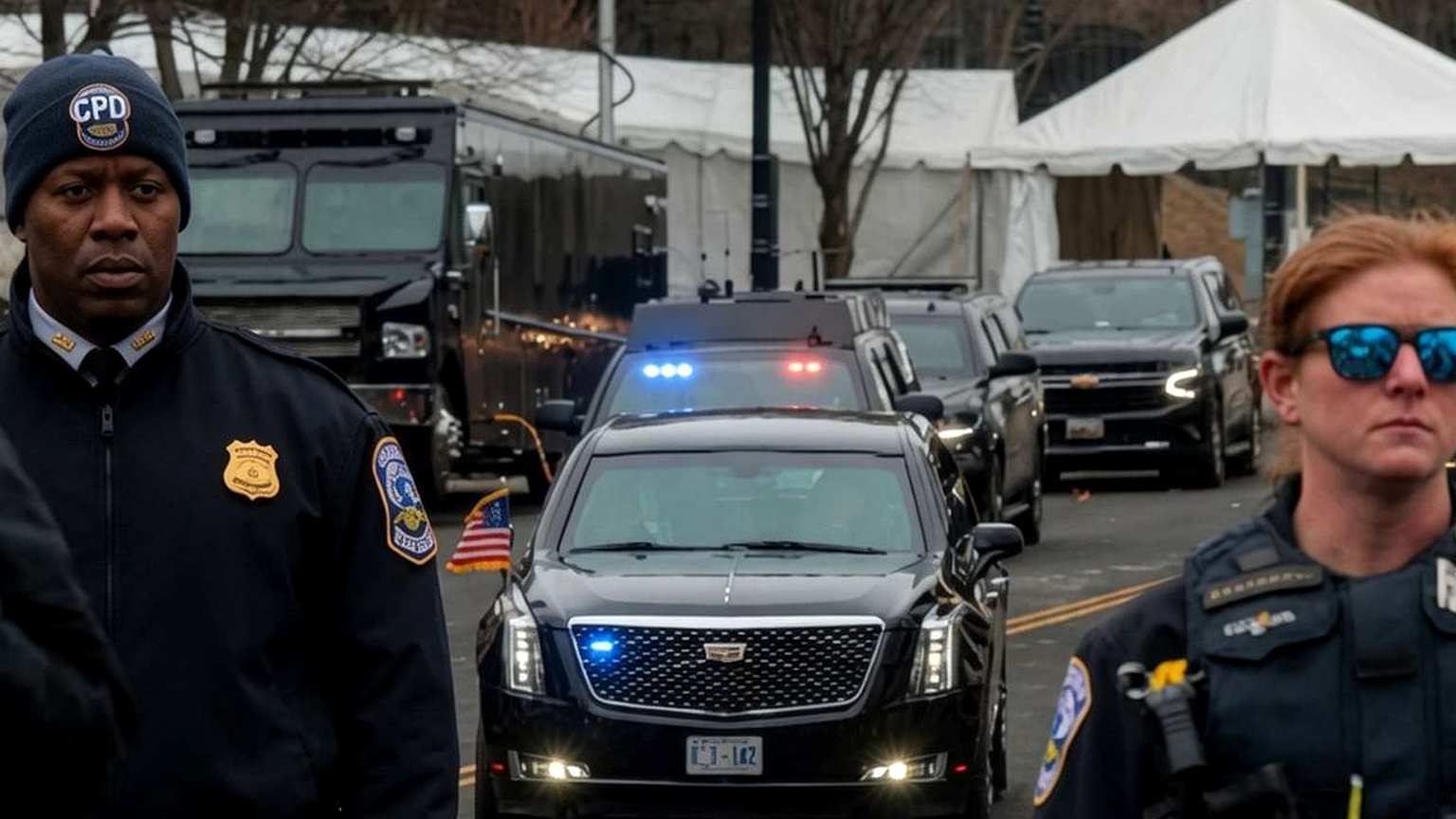 Police officers guarding presidential motorcade