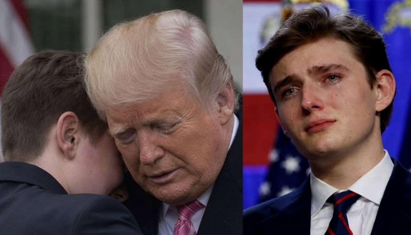 Donald Trump hugging Barron Trump crying portrait.