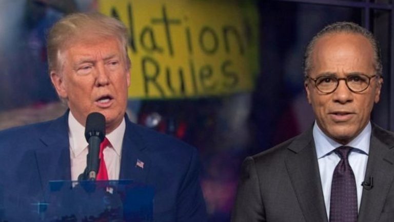 Trump speaking at podium next to news anchor