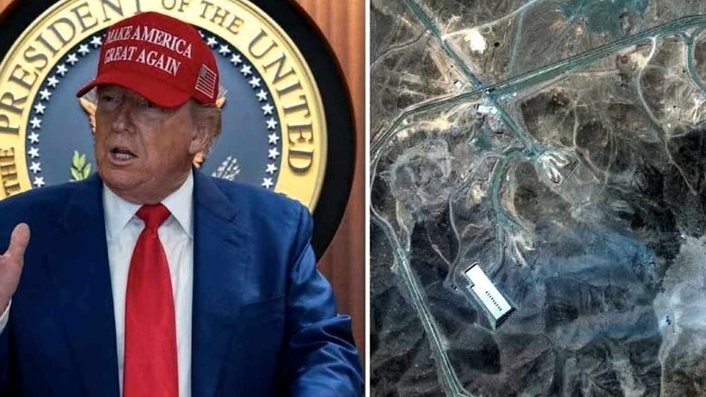Trump speaking at podium next to Dumont satellite image