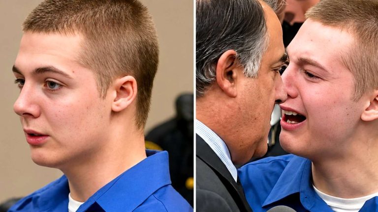 Young male defendant crying in a courtroom collage.