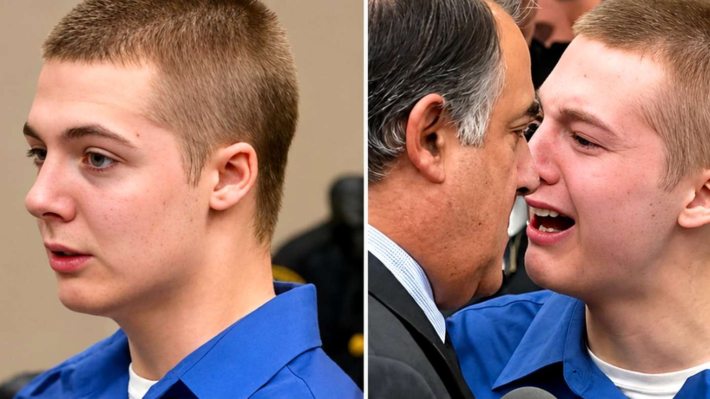 Young male defendant crying in a courtroom collage.