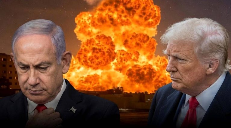 Trump and Netanyahu with massive explosion background