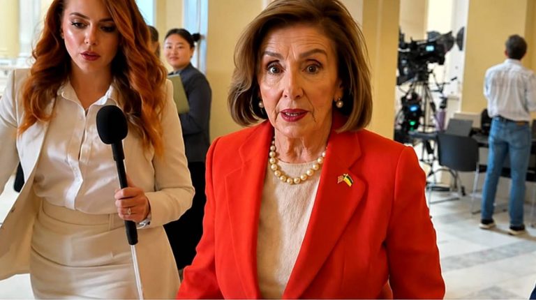 Nancy Pelosi in a red blazer being interviewed.