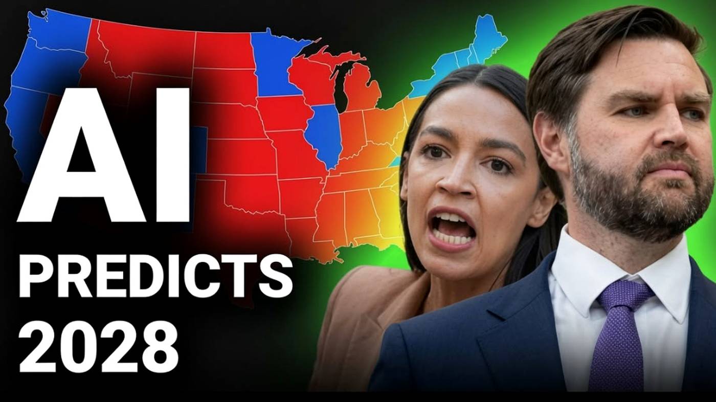 Ocasio-Cortez and JD Vance 2028 election map graphic.