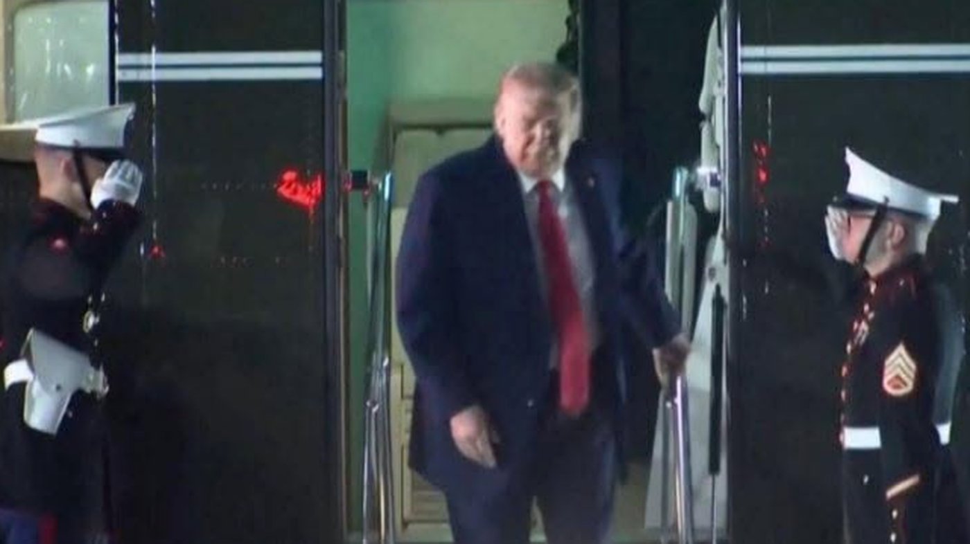 Donald Trump health scare video walk struggle graphic.