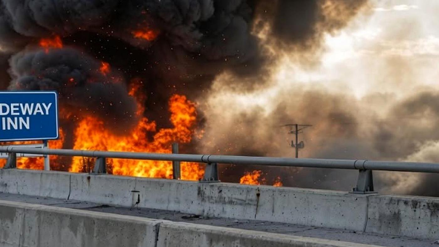 👉 Massive fire and black smoke on highway bridge