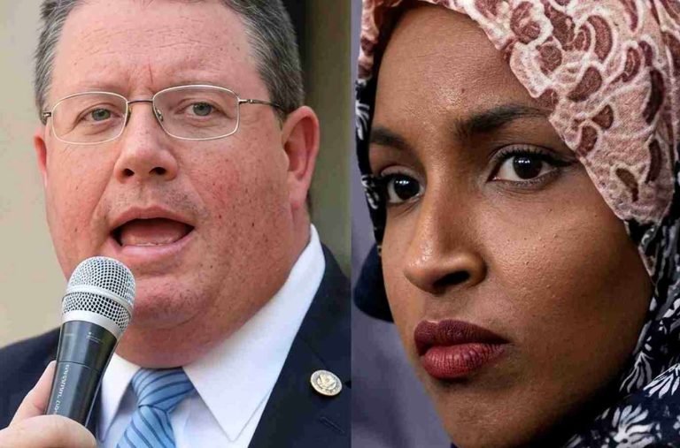 Pat Fallon and Ilhan Omar breaking news graphic.