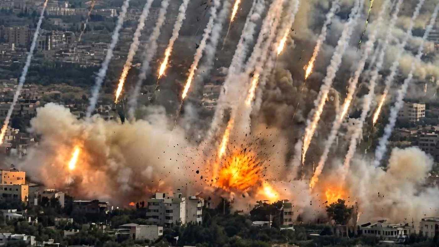 Middle East conflict airstrike bombardment in city.Middle East conflict airstrike bombardment in city.