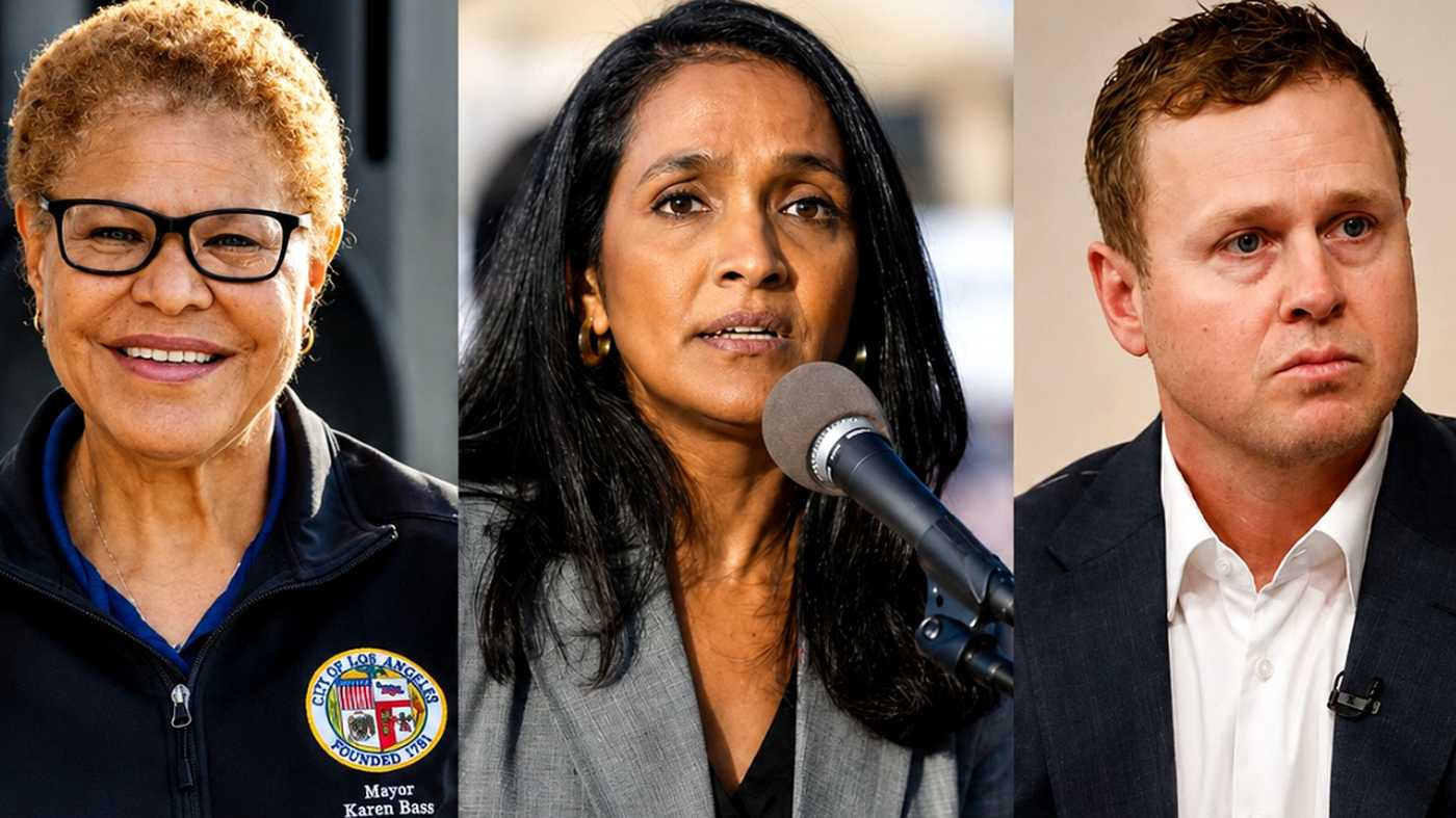 Karen Bass, Nithya Raman, Spencer Pratt news graphic.