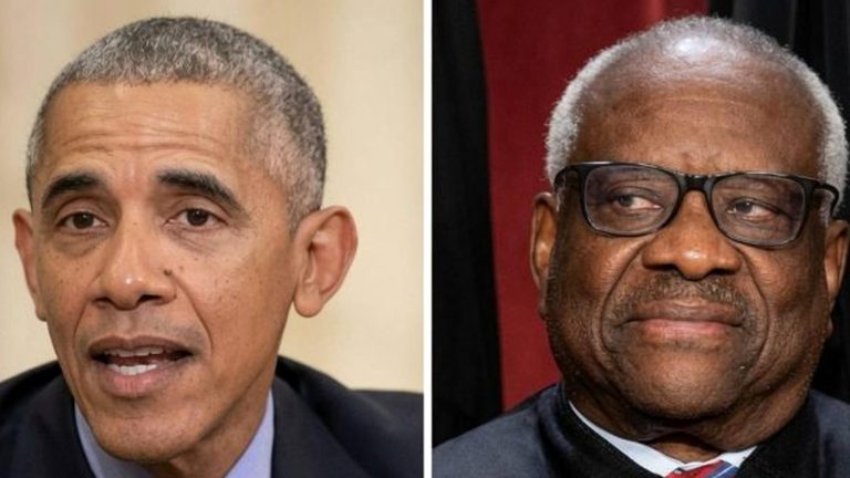 Barack Obama and Clarence Thomas split screen.