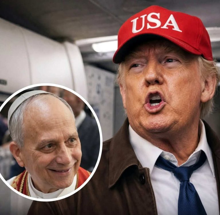 Trump speaking in USA hat with Pope inset circle.