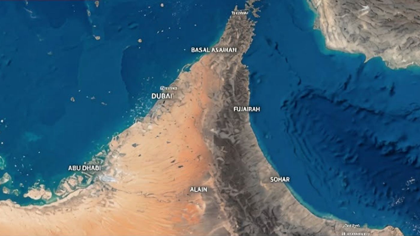 Oil tanker and Khamenei over Persian Gulf map.