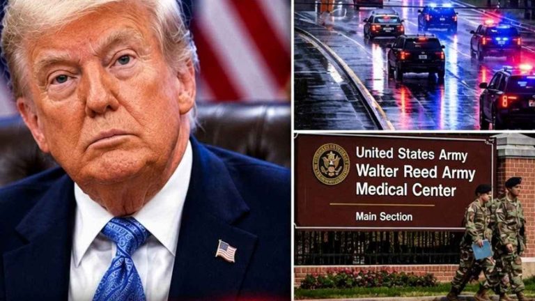 Donald Trump, his motorcade, and Walter Reed sign.