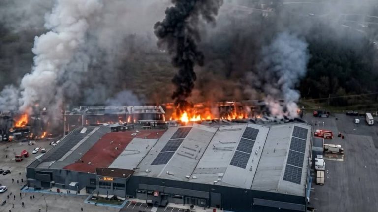 Massive factory fire with huge black smoke plumes