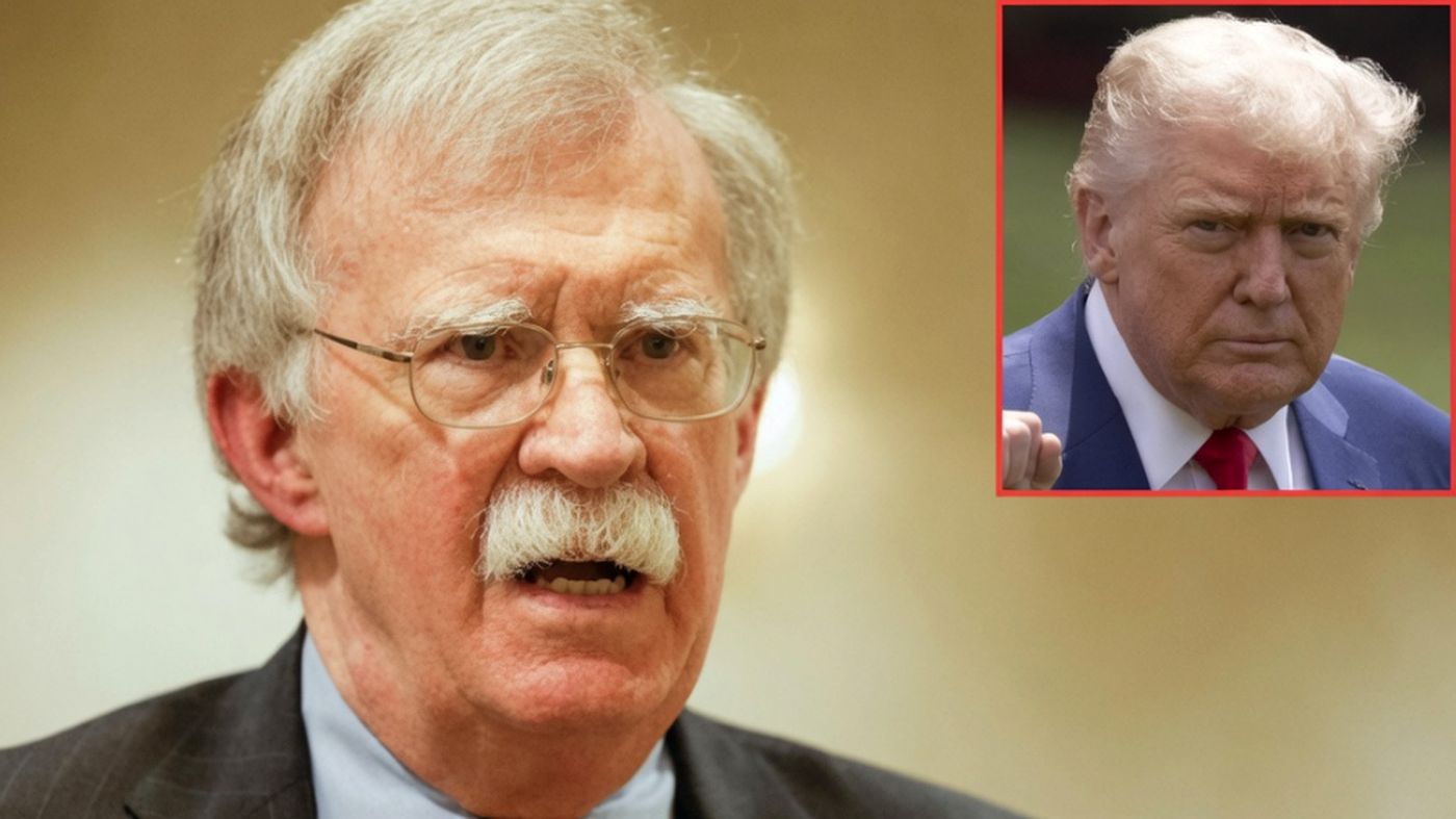 John Bolton speaking with Donald Trump inset image.