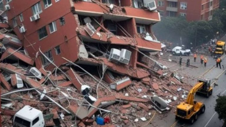 Collapsed brick apartment building with rescue cranes.