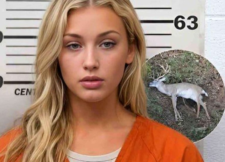 Woman mugshot with a poached deer inset image.