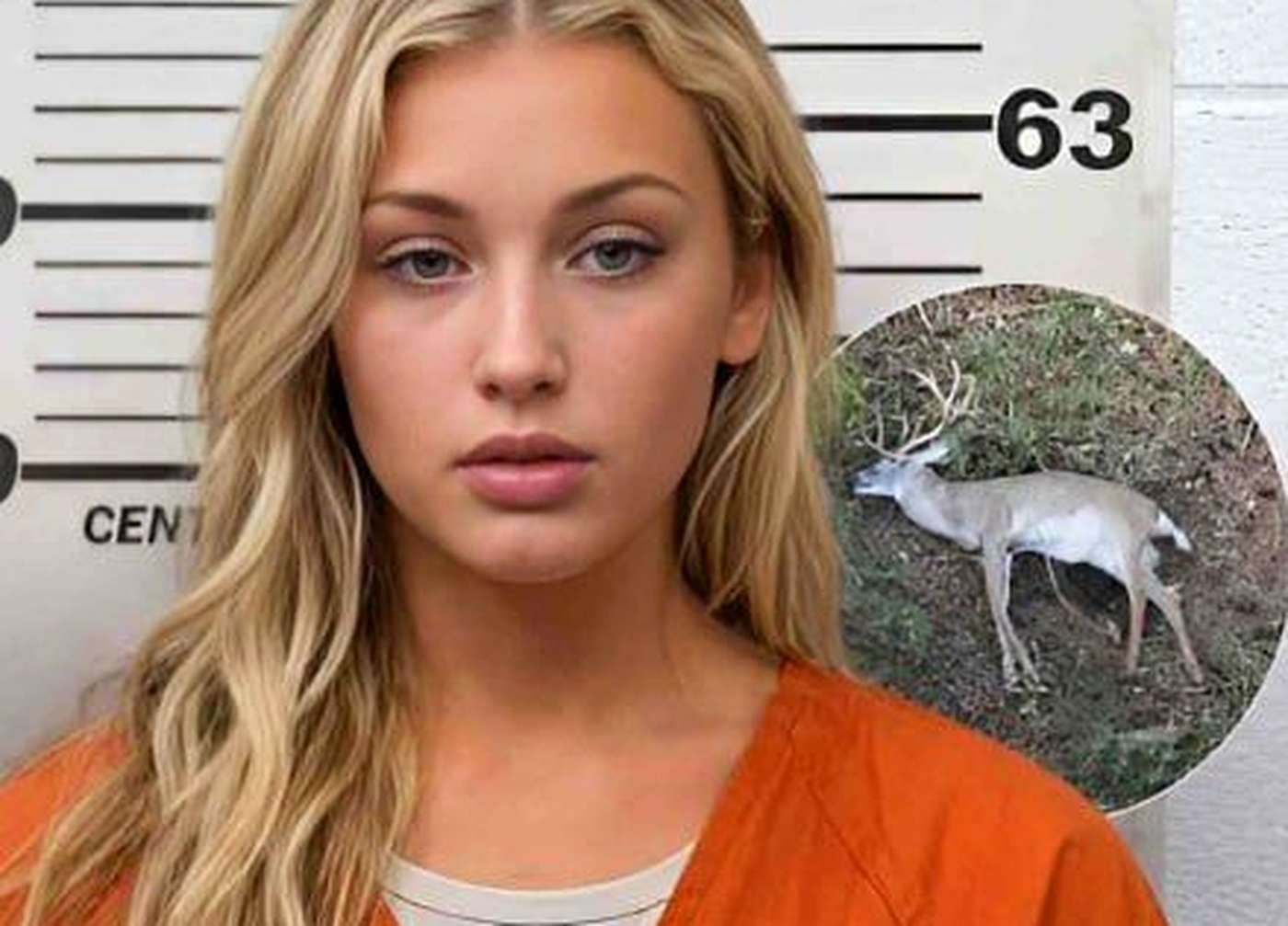 Woman mugshot with a poached deer inset image.
