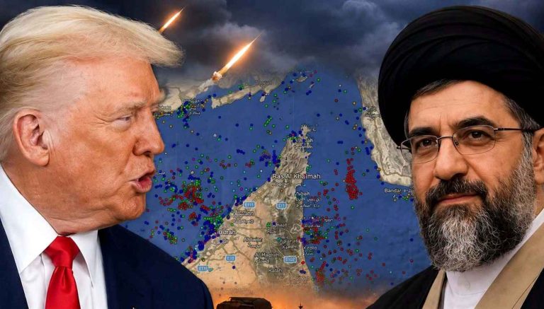 Trump and Iranian leader with military map.