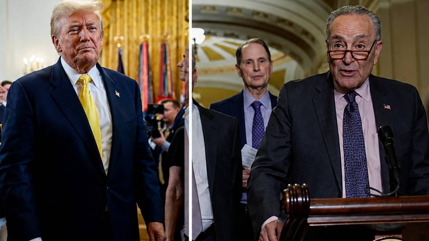 Donald Trump and Chuck Schumer split-panel graphic.