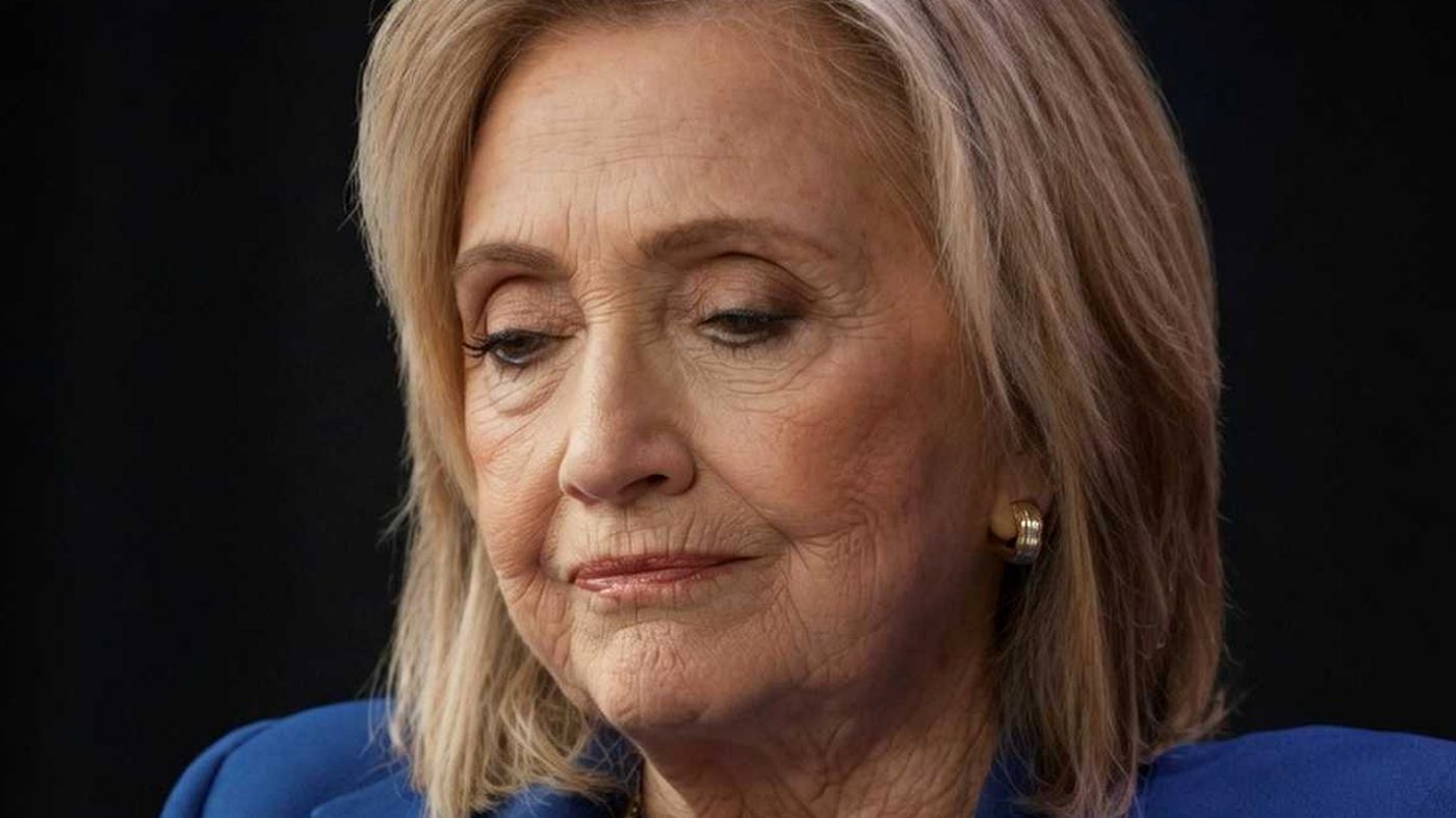 Hillary Clinton speaking with hand gestures in blue suit