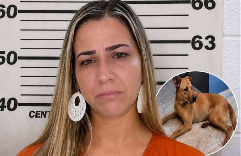 Woman mugshot with a brown dog inset image.