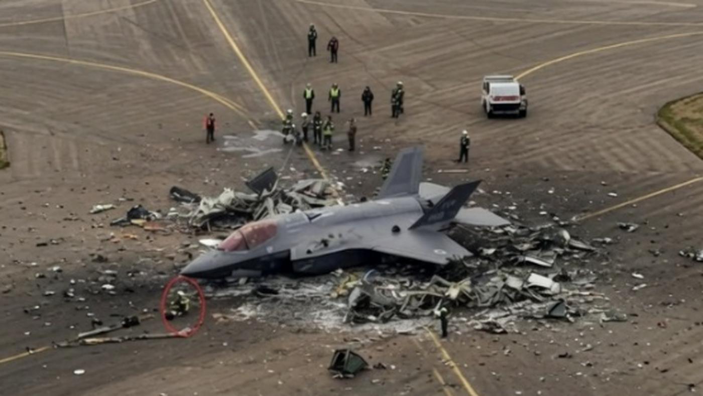 F-35 fighter jet crash wreckage on a runway.
