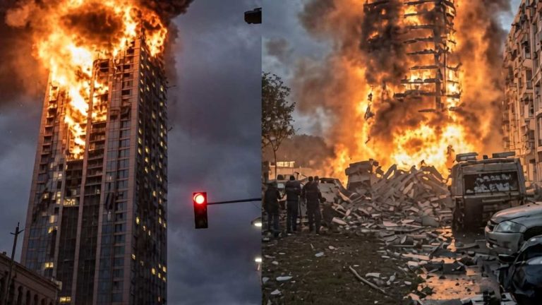 Urban skyscraper explosion building collapse catastrophe.