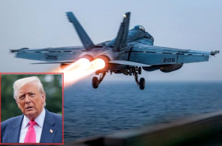 Fighter jet taking off with Donald Trump inset.
