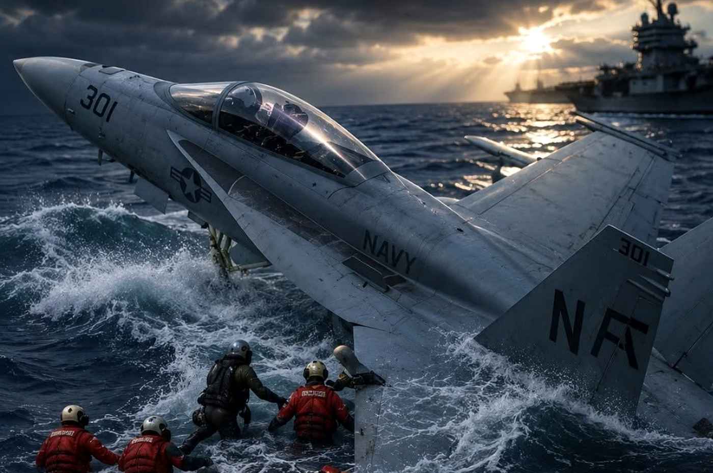 US Navy fighter jet ocean rescue mission.