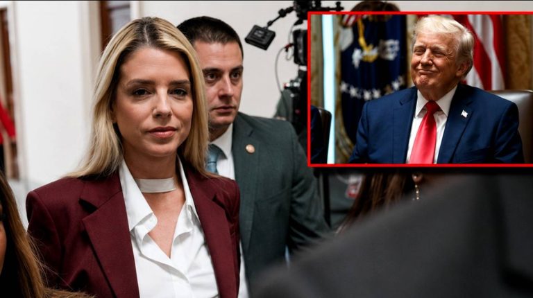 Pam Bondi walking forward with a text overlay.